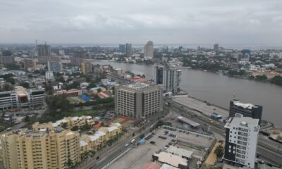 Aerial view of Lagos city buildings along the Lagos Lagoon waterfront