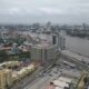 Aerial view of Lagos city buildings along the Lagos Lagoon waterfront
