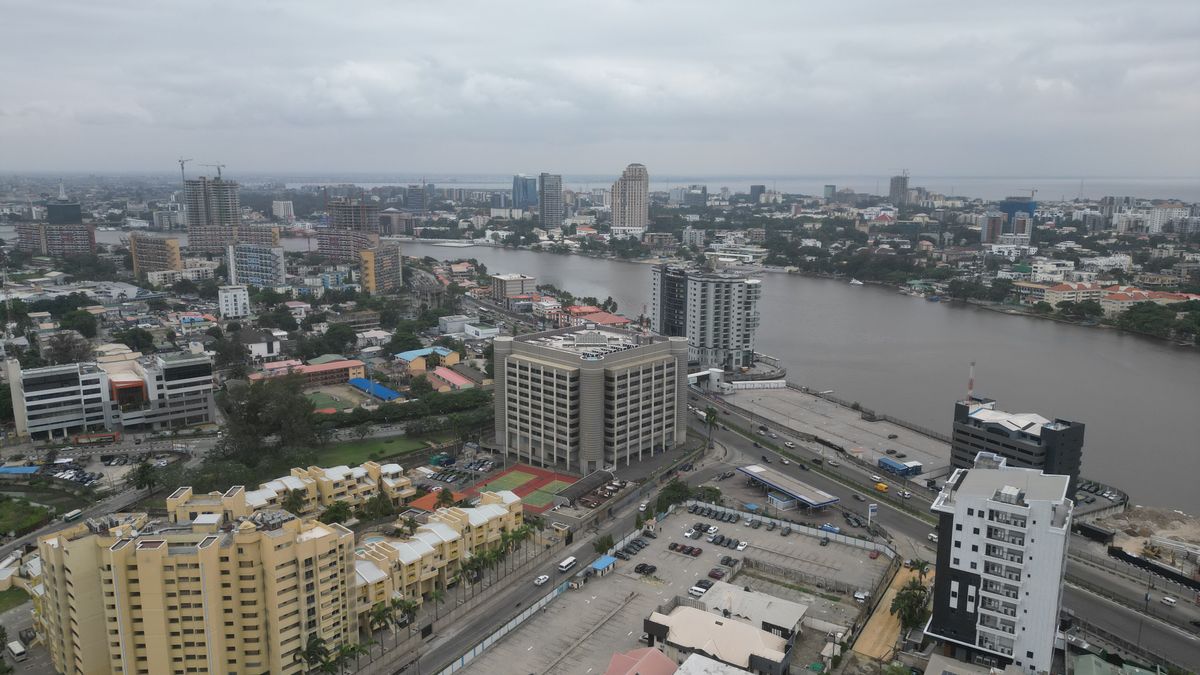 Aerial view of Lagos city buildings along the Lagos Lagoon waterfront