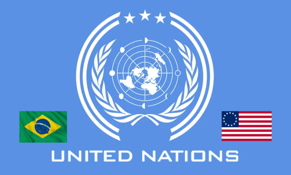 USA flag and the Brazil flag inside the United Nations flag