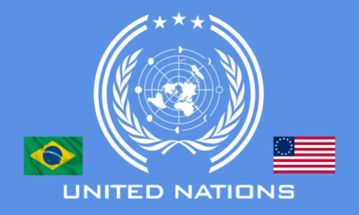 USA flag and the Brazil flag inside the United Nations flag