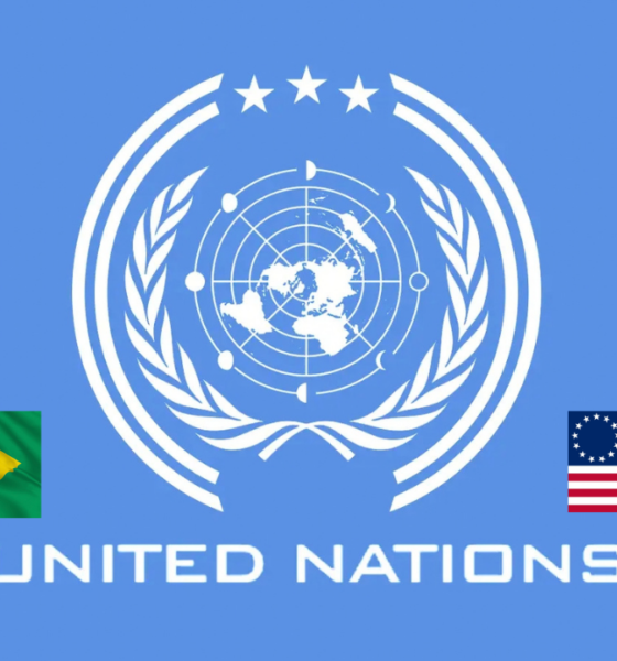 USA flag and the Brazil flag inside the United Nations flag