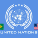 USA flag and the Brazil flag inside the United Nations flag