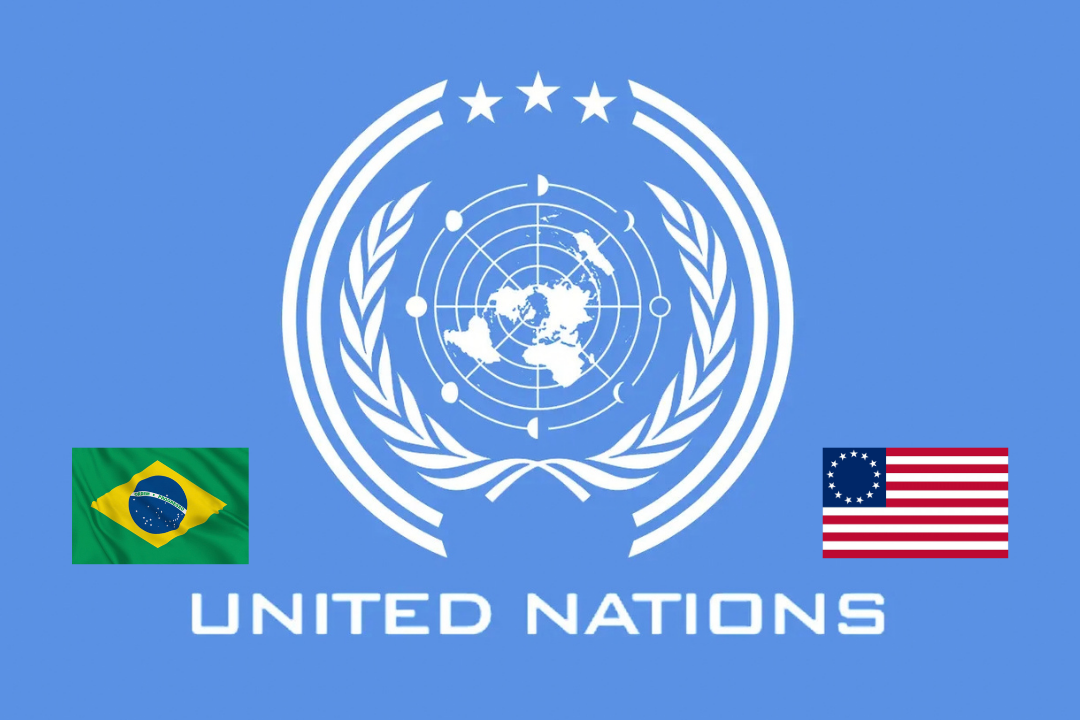 USA flag and the Brazil flag inside the United Nations flag