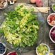 Overhead view of a healthy vegetable and salad spread