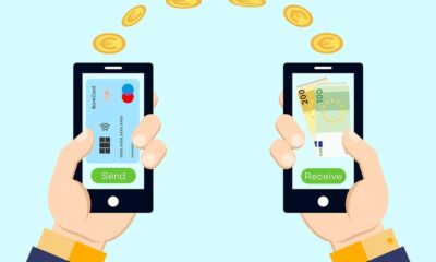 Two phones showing a send and receive money transfer